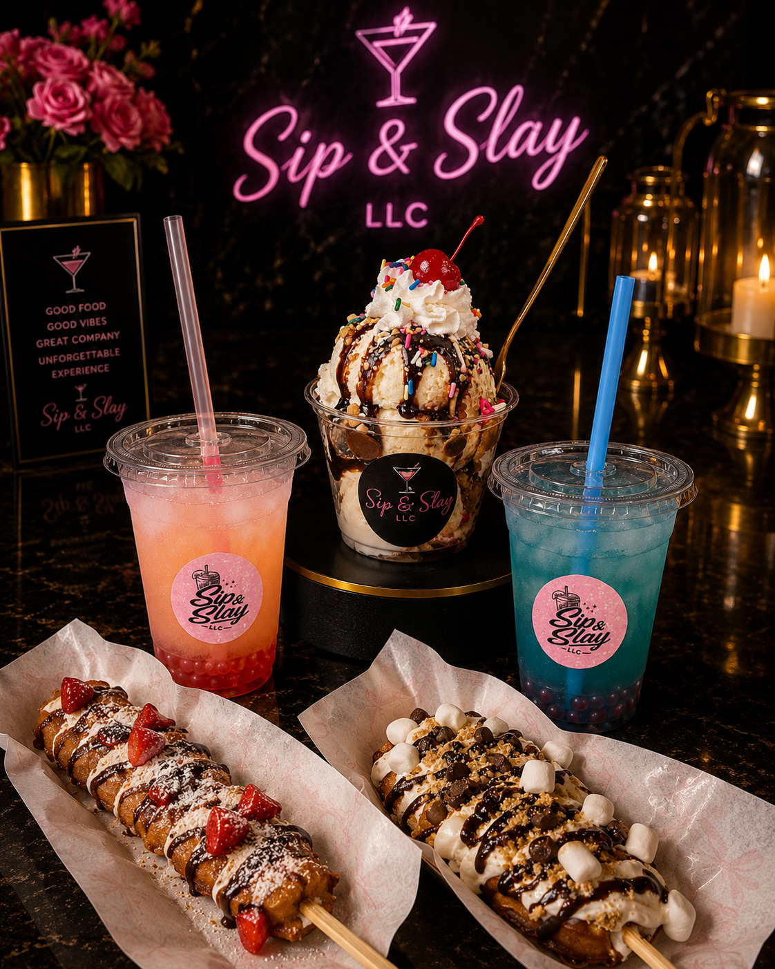Sip & Slay dessert and drink spread — waffle pops, ice cream sundaes and flavored drinks under the neon sign